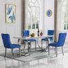 5 Piece Marble Dining Table Set for 4, 68" White Silver Kitchen Dining Room Table and Blue Chairs Set for 4, Modern Large Dinner Table Set for 4 with O-Shape Stainless Steel Base for Dining Kitchen view 2