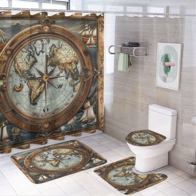 TOWINSFB 4Pcs Vintage World Map Compass Shower Curtain Set with Toilet Lid Cover Non-Slip Rugs for Bathroom, Ocean Antique Nautical Sailboat Shower Curtain Bathroom Sets with Hooks, 72x72 Inch