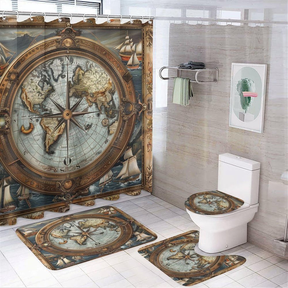 TOWINSFB 4Pcs Vintage World Map Compass Shower Curtain Set with Toilet Lid Cover Non-Slip Rugs for Bathroom, Ocean Antique Nautical Sailboat Shower Curtain Bathroom Sets with Hooks, 72x72 Inch
