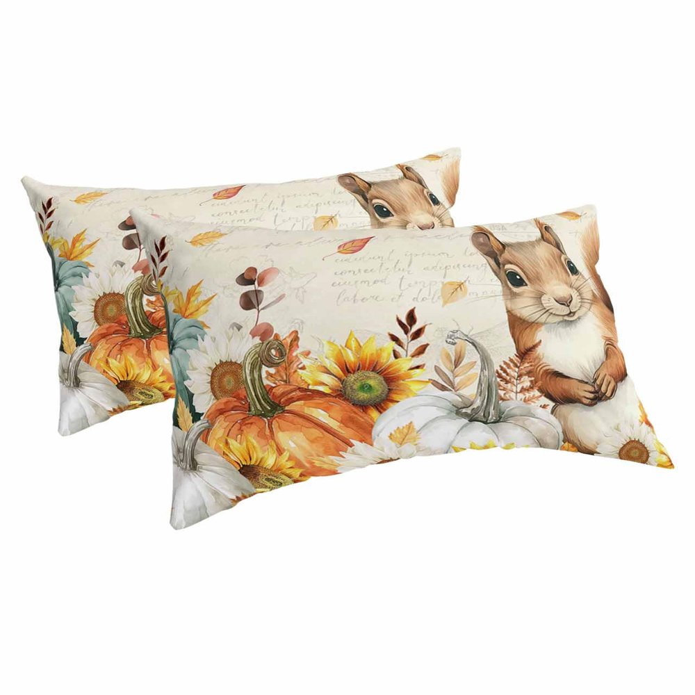 BOBOWUNY Fall Squirrel Pillow Covers Standard Size 2 Pack, Soft Bed Throw Pillowcases Breathable Cooling Long Lumbar Body Pillow Sham Cover for Bed Sofa 20x26 Pumpkins Maple Leaf Thanksgiving Rustic