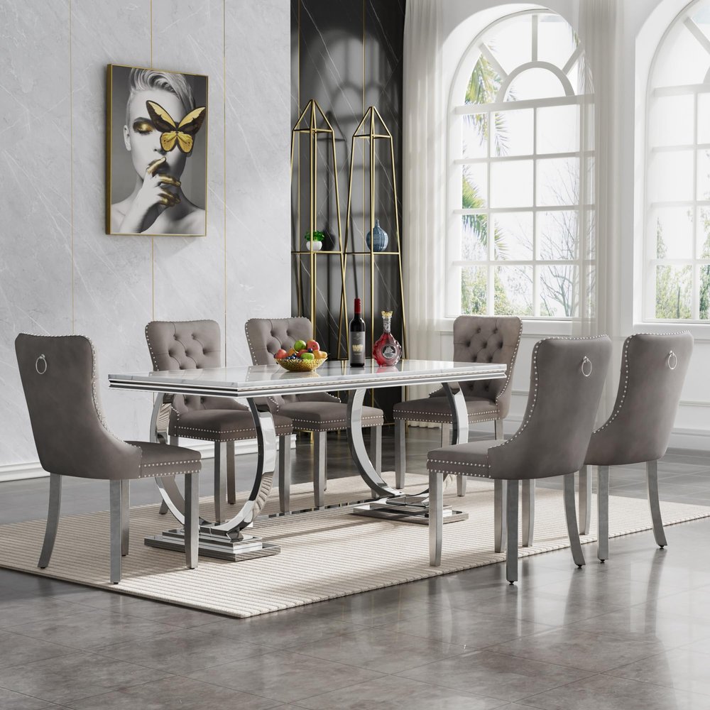 7 Piece Marble Dining Table Set for 6, 68" White Silver Kitchen Dining Room Table and Grey Chairs Set for 6, Modern Large Dinner Table Set for 6 with O-Shape Stainless Steel Base for Dining Kitchen