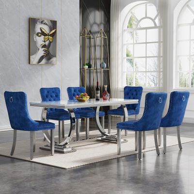 7 Piece Marble Dining Table Set for 6, 68" White Silver Kitchen Dining Room Table and Blue Chairs Set for 6, Modern Large Dinner Table Set for 6 with O-Shape Stainless Steel Base for Dining Kitchen