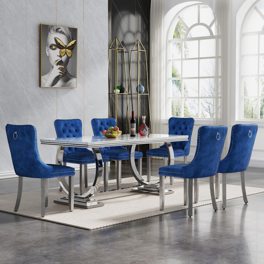 7 Piece Marble Dining Table Set for 6, 68" White Silver Kitchen Dining Room Table and Blue Chairs Set for 6, Modern Large Dinner Table Set for 6 with O-Shape Stainless Steel Base for Dining Kitchen