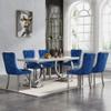 7 Piece Marble Dining Table Set for 6, 68" White Silver Kitchen Dining Room Table and Blue Chairs Set for 6, Modern Large Dinner Table Set for 6 with O-Shape Stainless Steel Base for Dining Kitchen view 1
