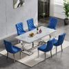7 Piece Marble Dining Table Set for 6, 68" White Silver Kitchen Dining Room Table and Blue Chairs Set for 6, Modern Large Dinner Table Set for 6 with O-Shape Stainless Steel Base for Dining Kitchen view 2