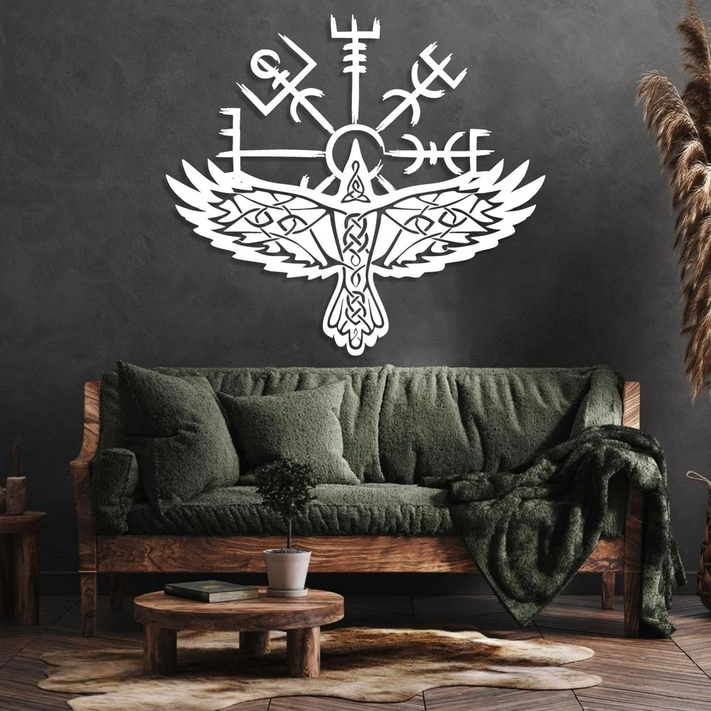 Viking Metal Wall Decor, Nordic Eagle Metal Wall Art, Viking Symbol Wall Art, Old Norse Sign, Norse Mythology Art, Home Decor, Large Eagle Outdoor Decor (White, 32"x35"|81x90cm)