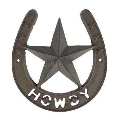 Large Howdy Lucky Horseshoe Star Cast Iron Rustic Brown Western 8 1/4 inches x 7 1/2 inches Handmade Artisan Art Vintage Decor