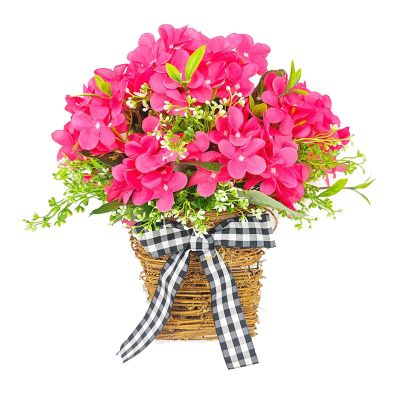 Artificial Flowers Front Door Hanging Basket Wreath, Pink Geranium Wreath, Door Hanger Basket Wreath for Modern Farmhouse Rustic Indoor or Outdoor Wall Hanging Decor