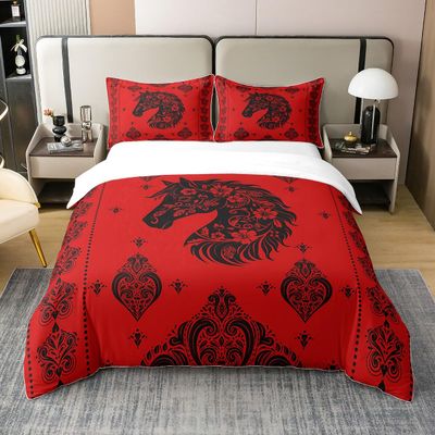 100% Cotton Horse Flowers Duvet Cover Indian Style Paisley Flowers Decor Bedding Set for Kids Teens Adults Black Red Wild Animal Retro Floral Comforter Cover,2 Pillowcases(No Comforter) Queen Size