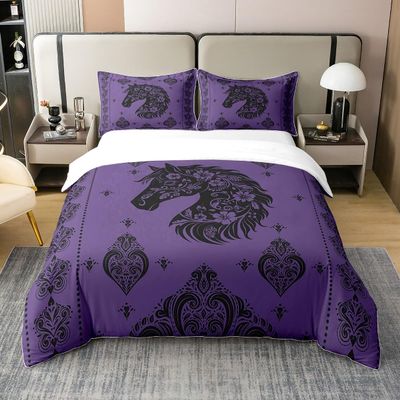 100% Cotton Black Purple Horse Head Duvet Cover Retro Flower Wild Animal Decor Bedding Set for Kids Teens Adults Exotic Paisley Mandala Boho Style Comforter Cover,2 Pillowcases(No Comforter) King Size