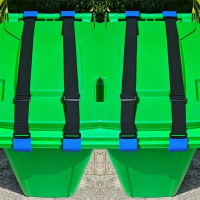 JFOMOYGI 4PCS Metal Double-Claw Trash Can Lock Strap for Animals,Outdoor Racoon Garbage Can Bin Lid Lock Straps Bungee Cord,Trash Can Bin Lid Locks Bungee Cord OutsideBlue Hooks- Patented Pending