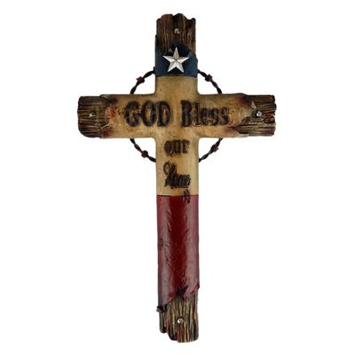 HomeLoft Basics Texas Flag God Bless Our Home Wall Cross Barbed Wire Rustic Western Wood Look 12 1/8 inches x 7 3/8 inches Handmade Artisan Art Vintage Decor, 887