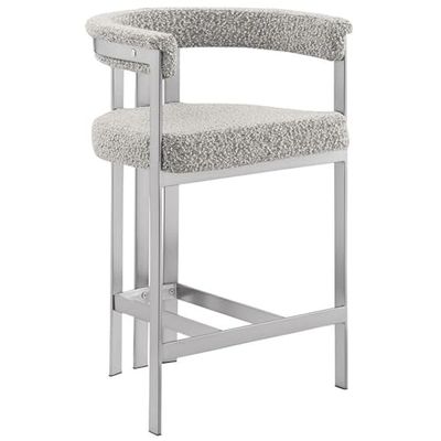 Modern Upholstered Bar Stool with Rich Gray Boucle Fabric Matte Brushed Chrome Legs in Silver Versatile Living Room & Dining Room Seating Set of 1