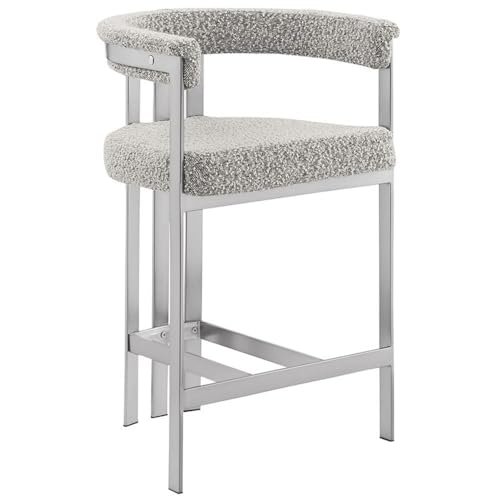 Modern Upholstered Bar Stool with Rich Gray Boucle Fabric Matte Brushed Chrome Legs in Silver Versatile Living Room & Dining Room Seating Set of 1