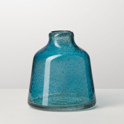 Torre & Tagus 6 Inch Tall Blue Glass Vase with Gold Flakes, Mouth Blown Glass Vase Blue Flower Vase Centerpieces, Watertight for Hydroponic Plants, Coastal Decor Accents (Marina)