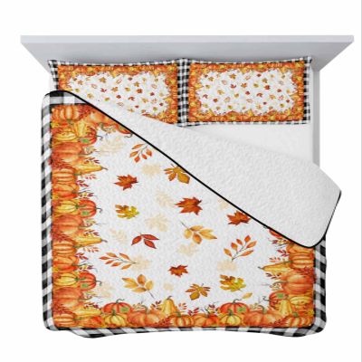 Thanksgiving Pumpkin Quilt Full Bedding Set, Buffalo Black Plaid Maple Leaf Lightweight Summer Quilt with Pillow Shams 3 Pieces Microfiber Soft Quilt Set Bedspread Coverlet for All Seasons