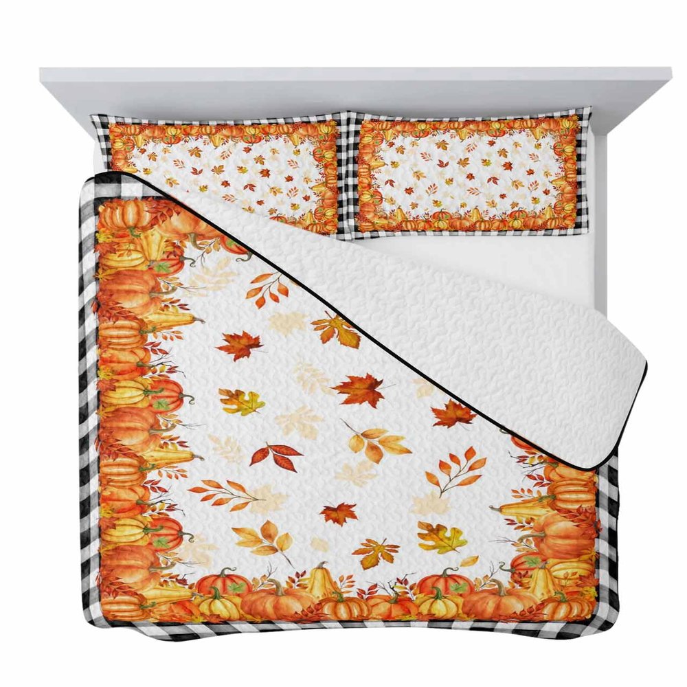 Thanksgiving Pumpkin Quilt Full Bedding Set, Buffalo Black Plaid Maple Leaf Lightweight Summer Quilt with Pillow Shams 3 Pieces Microfiber Soft Quilt Set Bedspread Coverlet for All Seasons