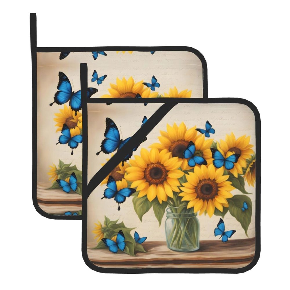 Yellow Sunflowers with Blue Butterflies Pattern Square Heat-Proof Pot Holders (Set of Two) 8x8 in : Quality Fabrics, Anti-Scalding and Easy to Clean