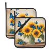 Yellow Sunflowers with Blue Butterflies Pattern Square Heat-Proof Pot Holders (Set of Two) 8x8 in : Quality Fabrics, Anti-Scalding and Easy to Clean view 1