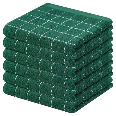 Mordimy 100% Cotton Terry Cloth Dish Cloths, Soft and Absorbent Checkered Dish Towels, Quick Drying Dish Rags for Washing Dishes, 6 Pack, 12 x 12 Inches, Dark Green