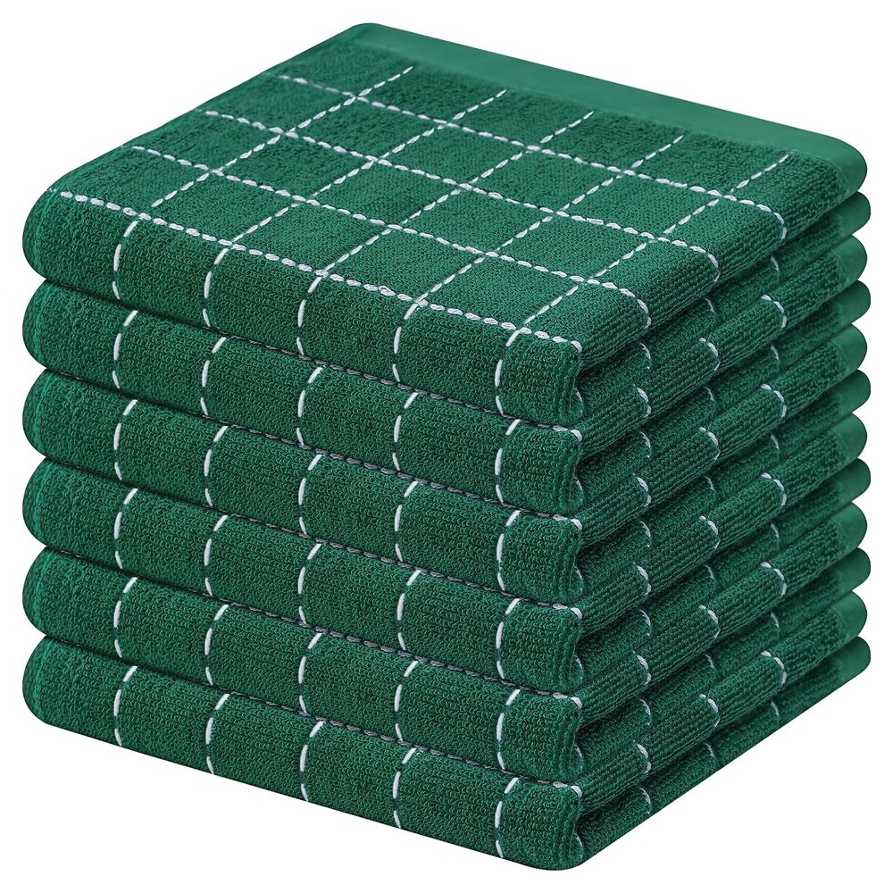 Mordimy 100% Cotton Terry Cloth Dish Cloths, Soft and Absorbent Checkered Dish Towels, Quick Drying Dish Rags for Washing Dishes, 6 Pack, 12 x 12 Inches, Dark Green