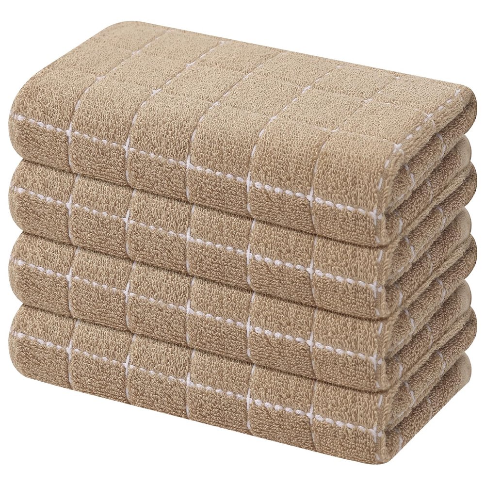 Mordimy 100% Cotton Terry Cloth Kitchen Towels, Super Soft and Absorbent Dish Towels for Drying, Checkered Designed Hand Towels for Kitchen, 16 x 26 Inches, 4 Pack, Tan
