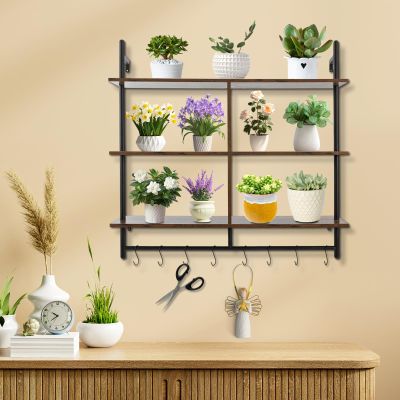 NAIXING 3 Tier Floating Shelf Industrial Wall Mounted Shelf Hanging with 8 Hooks Display Storage Stand for Kitchen Office Bathroom Organization and Home Decor (Vintage Wood)