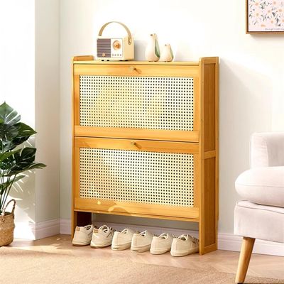 YONGYILI Bamboo Entrance Shoe Cabinet, Rattan Storage Cabinet with 3 Flip Drawers, Vertical Shoe Rack, Narrow Shoe Cabinet(70 * 17 * 87cm)