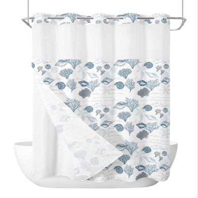 No Hook Shower Curtain with Snap in Liner Set,Turquoise Blue Coastal Waterproof Fabric Bath Curtain,Starfish Coral Nautical Shell Ocean Couch See Through Mesh Top Window Bathroom Curtain 60"x72"