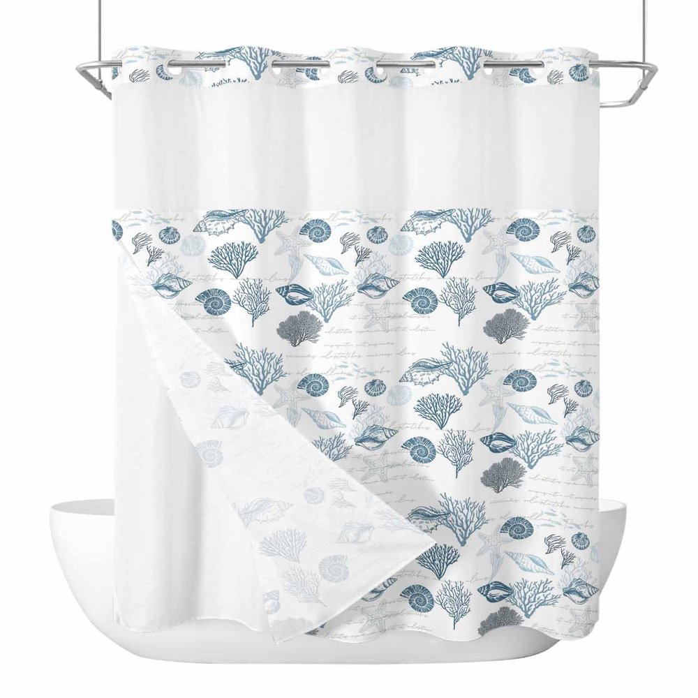 No Hook Shower Curtain with Snap in Liner Set,Turquoise Blue Coastal Waterproof Fabric Bath Curtain,Starfish Coral Nautical Shell Ocean Couch See Through Mesh Top Window Bathroom Curtain 60"x72"