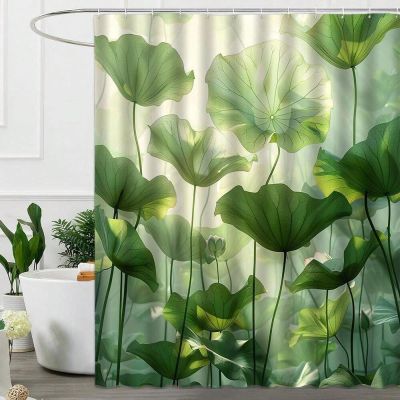 HNBFKD Beautiful Lotus Leaf Shower Curtain Green Leaves Lotus Flower Home Curtain Divider Decoration Contains Plastic Hooks 79x83in(WxH)