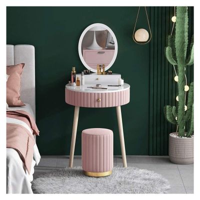 DBZRRKHDC Luxury Dressing Vanity Table w/Stool for Bedroom, Nordic Dressing Table Bedroom Modern Minimalist Storage Cabinet Bedroom(Pink)