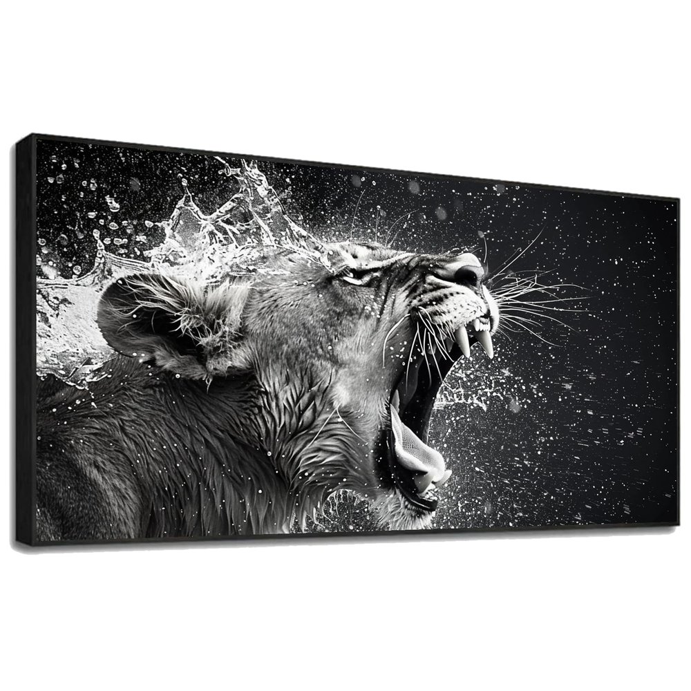 Lioness Wall Art,Black and White Animal Wall Art,African Wall Art,Animal Wall Art,Lion Wall Art,Large Wall Art for Living Room,Office,Entryway,Bedroom,Ready to Hang (Black Metal Framed, 30"Wx17"H/76x43cm)