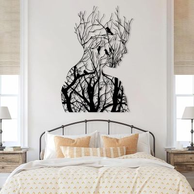 Tree Branch Woman Metal Wall Art, Abstract Wall Art, Metal Woman Tree Wall Art, Birds on Branch Metal Wall Art, Abstract Woman Silhouette, Living Room Wall Decor (Black, 13"x19"|33x47cm)