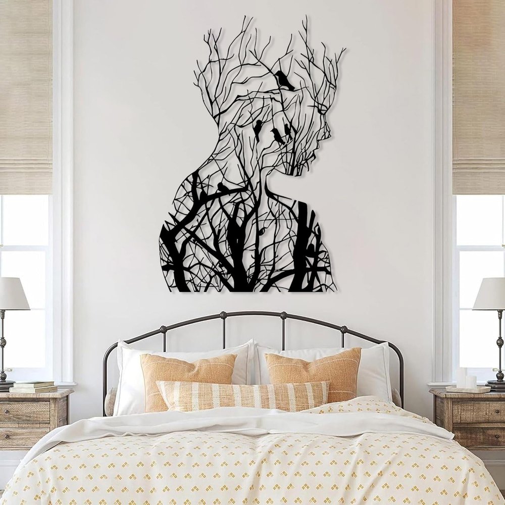Tree Branch Woman Metal Wall Art, Abstract Wall Art, Metal Woman Tree Wall Art, Birds on Branch Metal Wall Art, Abstract Woman Silhouette, Living Room Wall Decor (Black, 13"x19"|33x47cm)