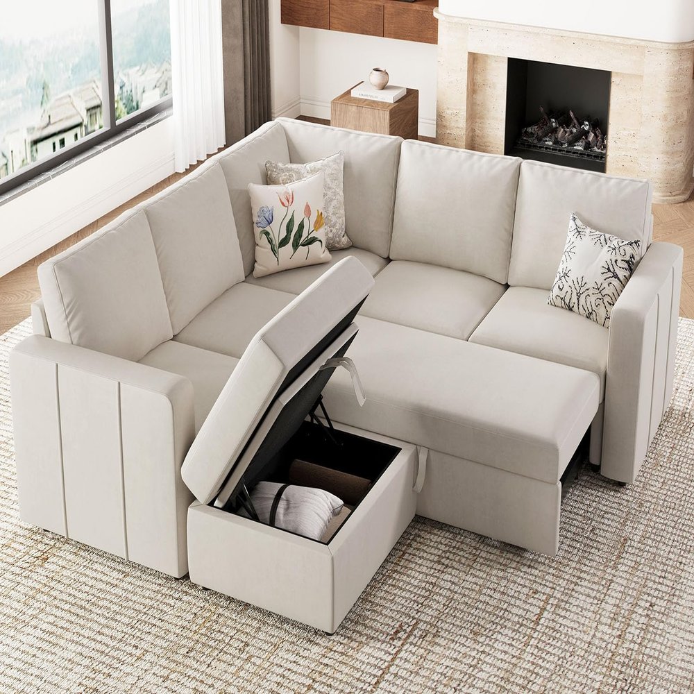 Belffin L Shaped Sectional Sleeper Sofa with Pull Out Bed Velvet Modular Corner Sleeper Sectional Couch with Storage Ottoman Convertible Sofa Beige