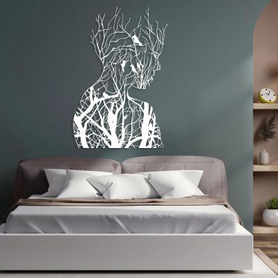 LARNT Tree Branch Woman Metal Wall Art, Abstract Wall Art, Metal Woman Tree Wall Art, Birds on Branch Metal Wall Art, Abstract Woman Silhouette, Living Room Wall Decor (White, 13""x19""|33x47cm)