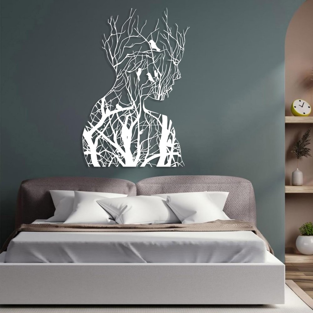 LARNT Tree Branch Woman Metal Wall Art, Abstract Wall Art, Metal Woman Tree Wall Art, Birds on Branch Metal Wall Art, Abstract Woman Silhouette, Living Room Wall Decor (White, 13""x19""|33x47cm)
