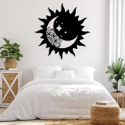 LARNT Sun and Moon Wall Decor, Wacky Sun Metal Art, Metal Mandala Wall Decor, Mandala Moon Sun and Stars, Boho Wall Decor, Metal Wall Hanging, Outdoor Wall Decor (Black, 39"x39"|100x100cm)