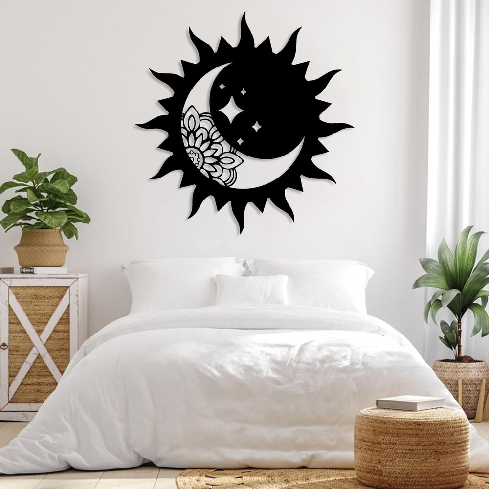 LARNT Sun and Moon Wall Decor, Wacky Sun Metal Art, Metal Mandala Wall Decor, Mandala Moon Sun and Stars, Boho Wall Decor, Metal Wall Hanging, Outdoor Wall Decor (Black, 39"x39"|100x100cm)