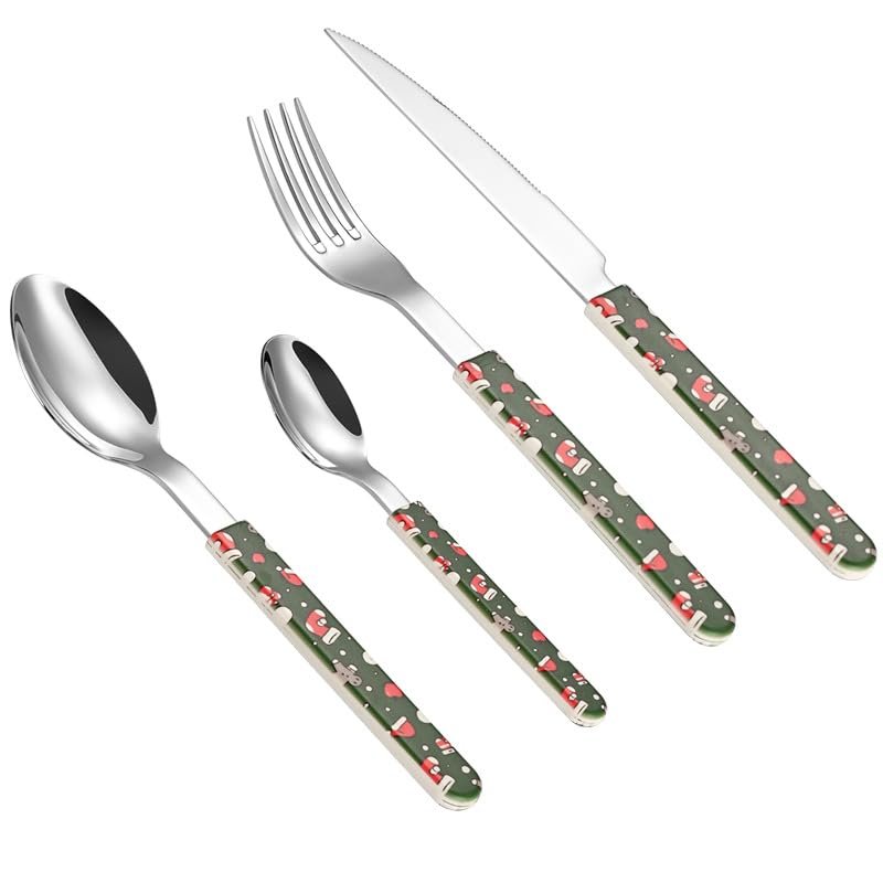 SEELLODGE Silverware Flatware Cutlery Set, 4/16/24 Pieces Silicone Stainless Steel 304 Cutlery, Forks And Spoons Set Christmas Cartoon Animation Tableware(Brown,4 Pieces for 1)