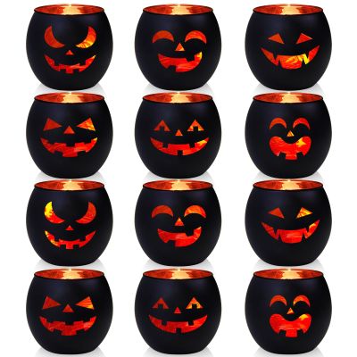 SHMILMH Halloween Table Centerpiece Candle Holders Set of 12, Black and Gold Glass Votive Holder with 6 Grimace, Tealight Holders Bulk for Halloween Party D?or
