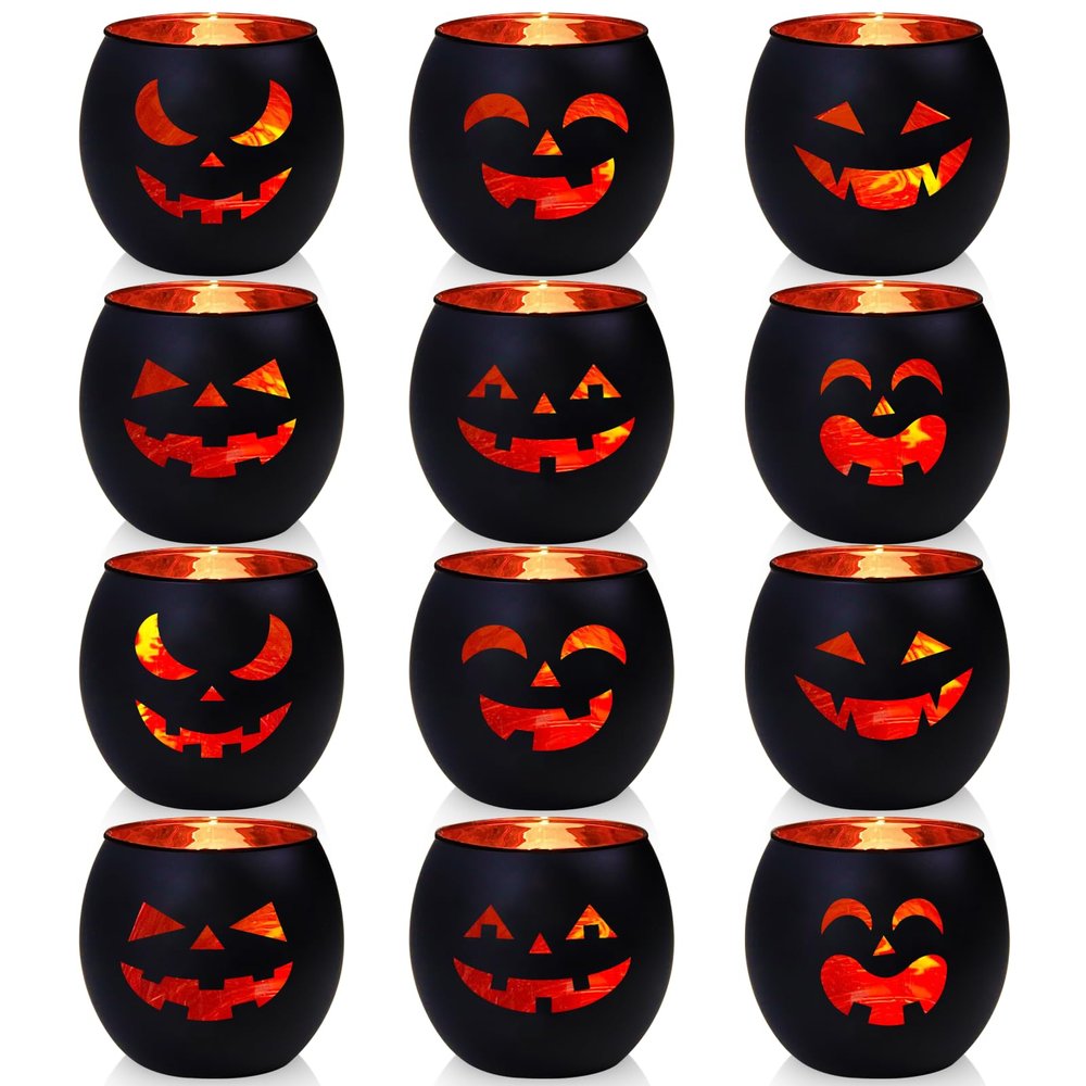 SHMILMH Halloween Table Centerpiece Candle Holders Set of 12, Black and Gold Glass Votive Holder with 6 Grimace, Tealight Holders Bulk for Halloween Party D?or