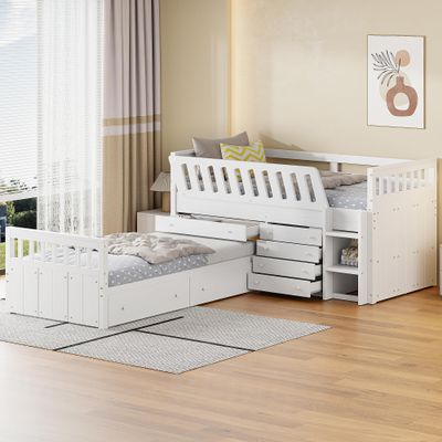 Brabrety Modern Wooden Twin Size Low Loft Bed and Twin Platform Bed with 7 Drawers and Full Guardrails,for Kids Teens Adults Bedroom Use (White@Guardrails, Twin)