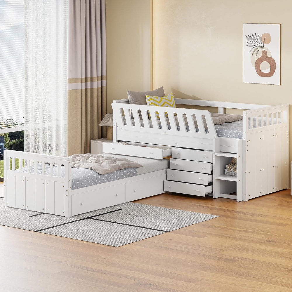 Brabrety Modern Wooden Twin Size Low Loft Bed and Twin Platform Bed with 7 Drawers and Full Guardrails,for Kids Teens Adults Bedroom Use (White@Guardrails, Twin)