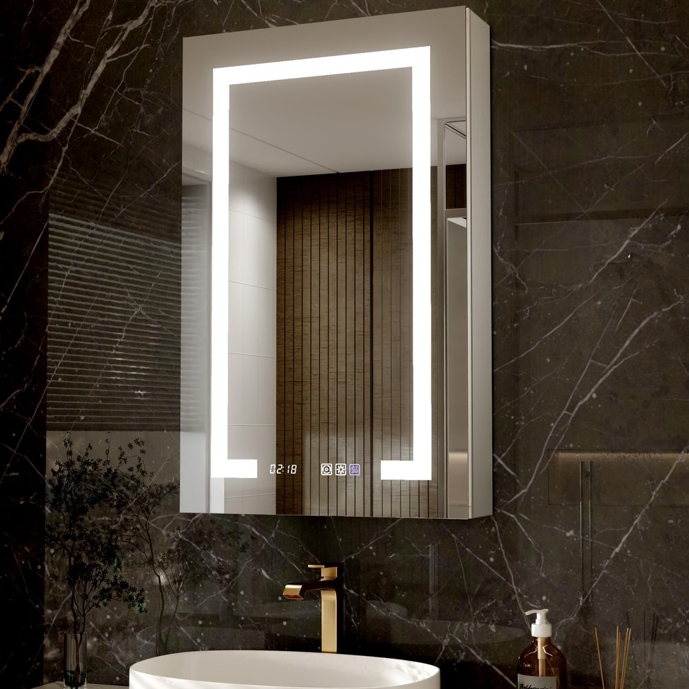 WELERONY Lighted Medicine Cabinet with Mirror, 20" x 32" LED Medicine Cabinet Mirror for Bathroom with Built-in High-Power Outlet, Stepless Dimming & Defog, Right Open