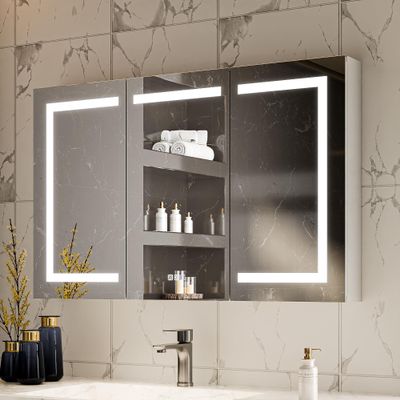 WELERONY Lighted Medicine Cabinet with Mirror, 48" x 30" LED Medicine Cabinet Mirror for Bathroom with Built-in High-Power Outlet, Stepless Dimming & Defog, Wide Open