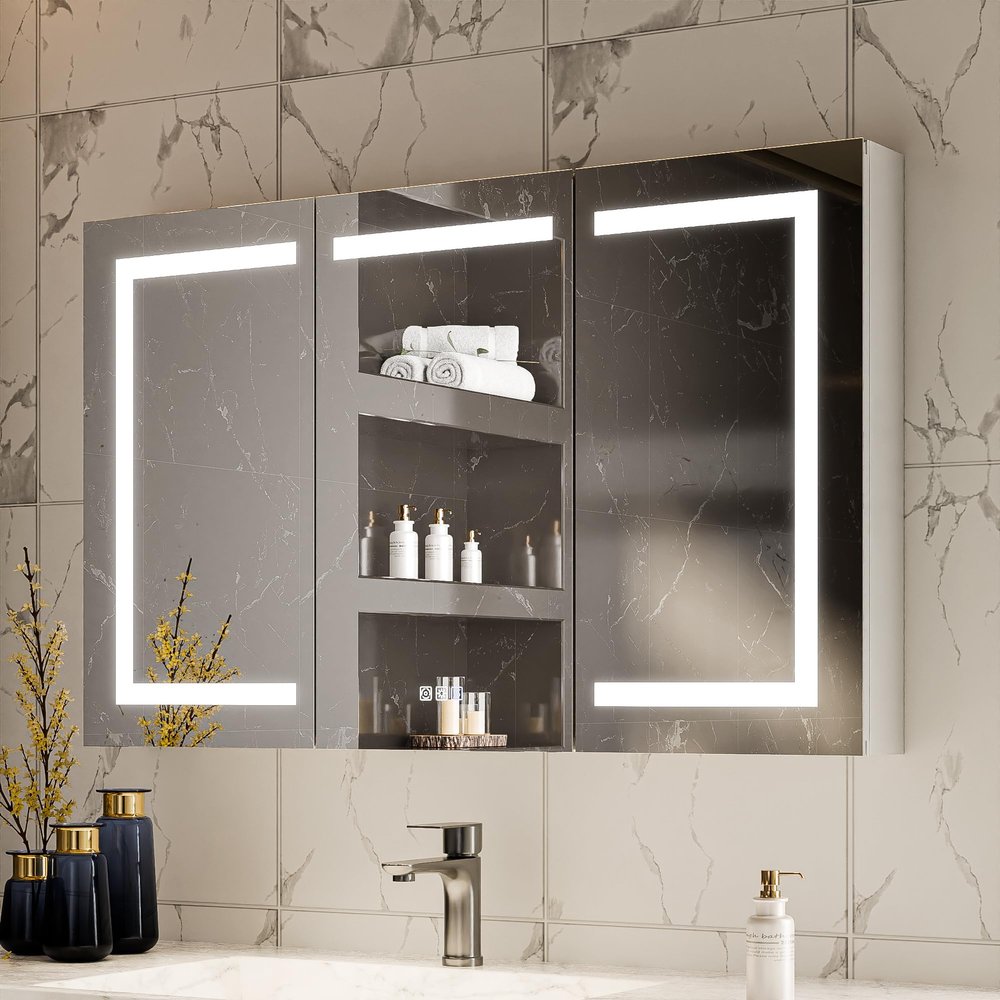 WELERONY Lighted Medicine Cabinet with Mirror, 48" x 30" LED Medicine Cabinet Mirror for Bathroom with Built-in High-Power Outlet, Stepless Dimming & Defog, Wide Open