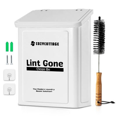 COZYCOTTAGE Magnetic Lint Bin for Laundry Room with Dryer Lint Brush - Slim Wall Mounted Trash Can with Lid - Modern Farmhouse Storage Organizer & Debris Collector - Space-Saving White Metal Holder