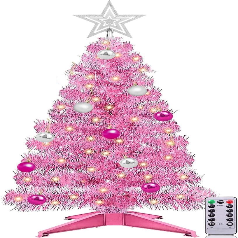 Remote Control&Timer 3 Ft Pink Christmas Tree with 50 Warm Lights 8 Mode